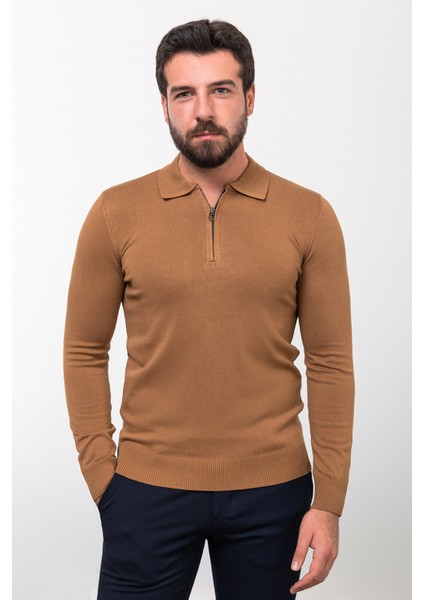 Düz Kamel Slim Fit Fermuarlı Polo Yaka Erkek Triko Kazak