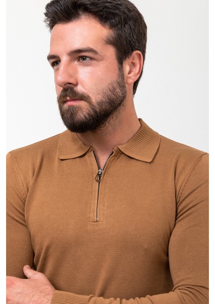 Düz Kamel Slim Fit Fermuarlı Polo Yaka Erkek Triko Kazak