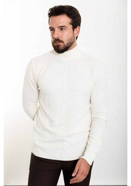 Örgülü Ekru Slim Fit Yarım Balıkçı Yaka Yün Erkek Triko Kazak