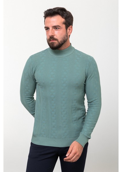 Desenli Yeşil Slim Fit Yarım Balıkçı Yaka Yün Erkek Triko Kazak modelleri