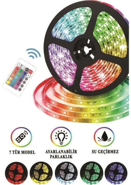 5 mt Kumandalı Rgb Şerit LED Lamba Iç ve Dış Mekan Silikon Yapışkanlı Aydınlatma