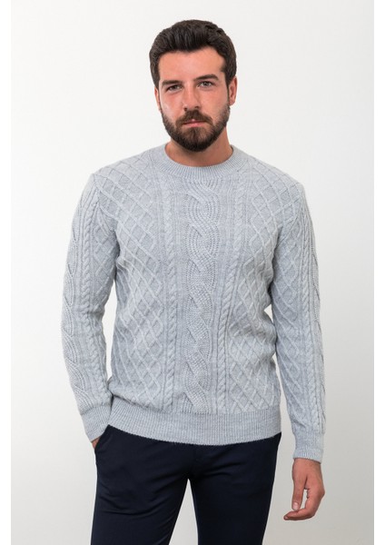 Örgülü Gri Slim Fit Bisiklet Yaka Yün Erkek Triko Kazak
