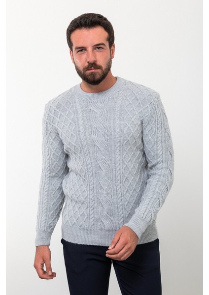 Örgülü Gri Slim Fit Bisiklet Yaka Yün Erkek Triko Kazak