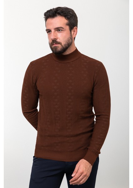Desenli Kiremit Slim Fit Yarım Balıkçı Yaka Yün Erkek Triko Kazak fırsatları