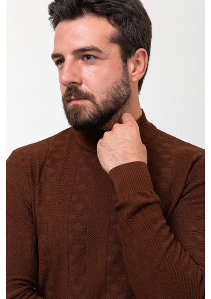 Desenli Kiremit Slim Fit Yarım Balıkçı Yaka Yün Erkek Triko Kazak indirimleri