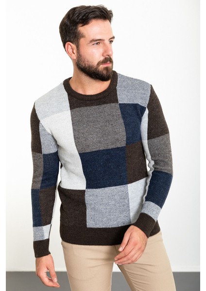 Parçalı Kahverengi Slim Fit Bisiklet Yaka Yün Erkek Triko Kazak