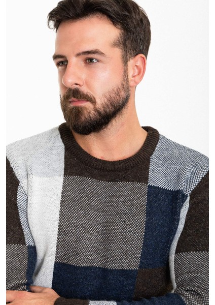 Parçalı Kahverengi Slim Fit Bisiklet Yaka Yün Erkek Triko Kazak fiyatları