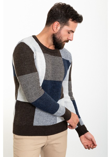 Parçalı Kahverengi Slim Fit Bisiklet Yaka Yün Erkek Triko Kazak modelleri