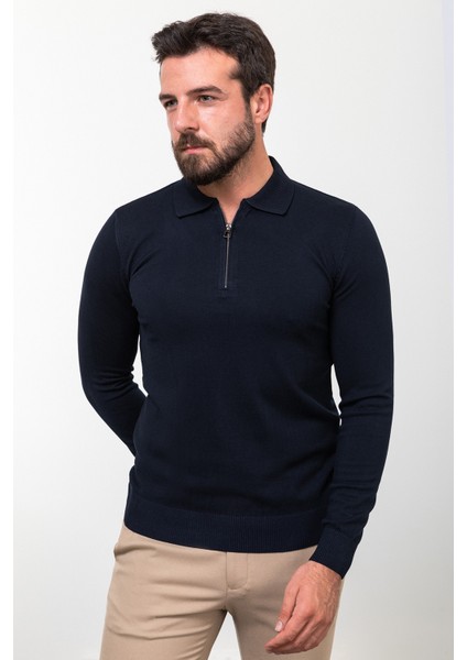 Düz Lacivert Slim Fit Fermuarlı Polo Yaka Erkek Triko Kazak