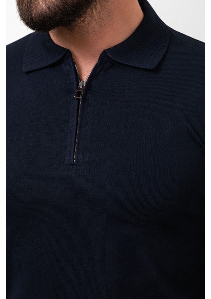 Düz Lacivert Slim Fit Fermuarlı Polo Yaka Erkek Triko Kazak fiyatları