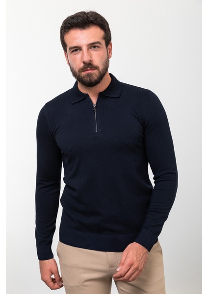 Düz Lacivert Slim Fit Fermuarlı Polo Yaka Erkek Triko Kazak modelleri