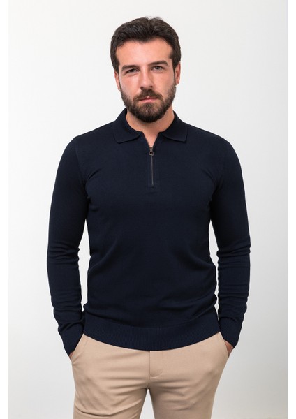 Düz Lacivert Slim Fit Fermuarlı Polo Yaka Erkek Triko Kazak fırsatları