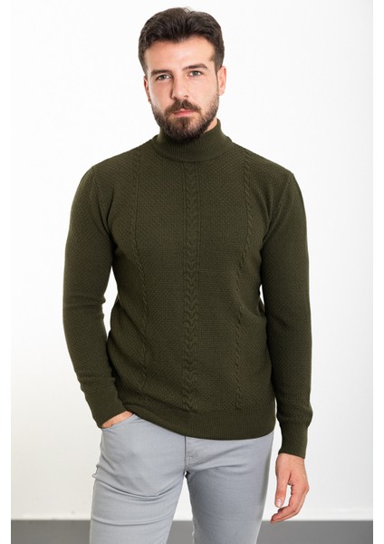 Örgülü Haki Slim Fit Yarım Balıkçı Yaka Yün Erkek Triko Kazak