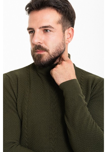 Örgülü Haki Slim Fit Yarım Balıkçı Yaka Yün Erkek Triko Kazak