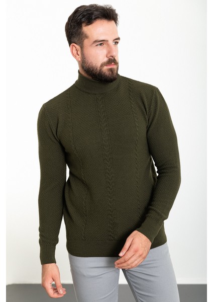 Örgülü Haki Slim Fit Yarım Balıkçı Yaka Yün Erkek Triko Kazak