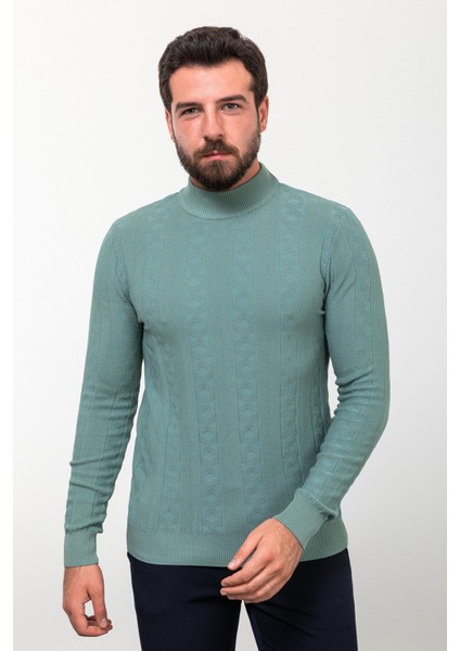 Desenli Yeşil Slim Fit Yarım Balıkçı Yaka Yün Erkek Triko Kazak