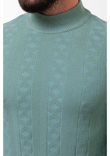 Desenli Yeşil Slim Fit Yarım Balıkçı Yaka Yün Erkek Triko Kazak