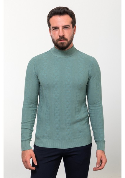 Desenli Yeşil Slim Fit Yarım Balıkçı Yaka Yün Erkek Triko Kazak