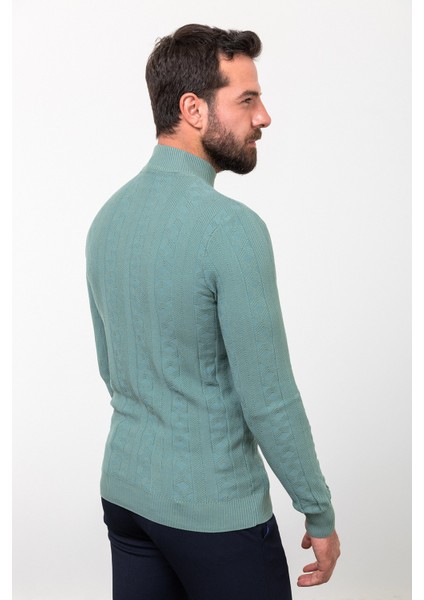 Desenli Yeşil Slim Fit Yarım Balıkçı Yaka Yün Erkek Triko Kazak