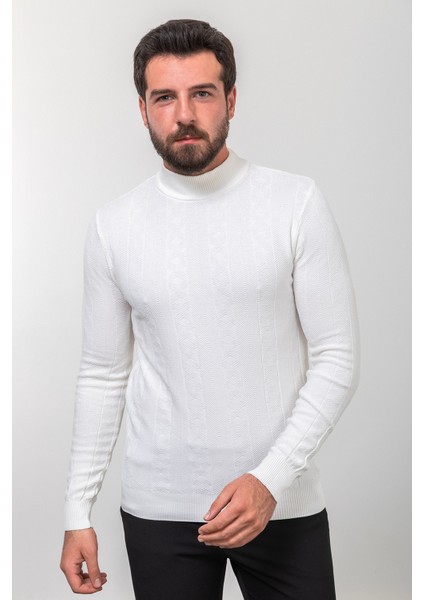 Desenli Ekru Slim Fit Yarım Balıkçı Yaka Yün Erkek Triko Kazak