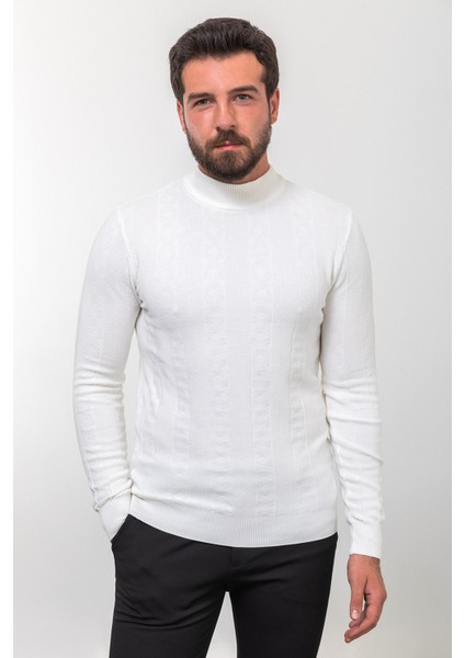 Desenli Ekru Slim Fit Yarım Balıkçı Yaka Yün Erkek Triko Kazak