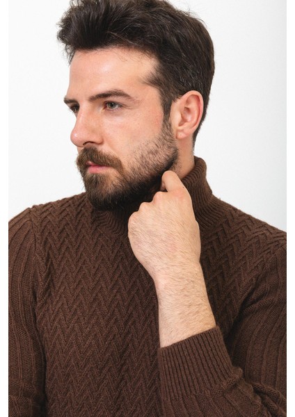 Desenli Kahverengi Slim Fit Tam Balıkçı Yaka Yün Erkek Kazak fiyatları