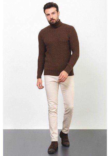 Desenli Kahverengi Slim Fit Tam Balıkçı Yaka Yün Erkek Kazak modelleri