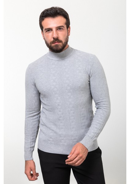 Desenli Gri Slim Fit Yarım Balıkçı Yaka Yün Erkek Triko Kazak