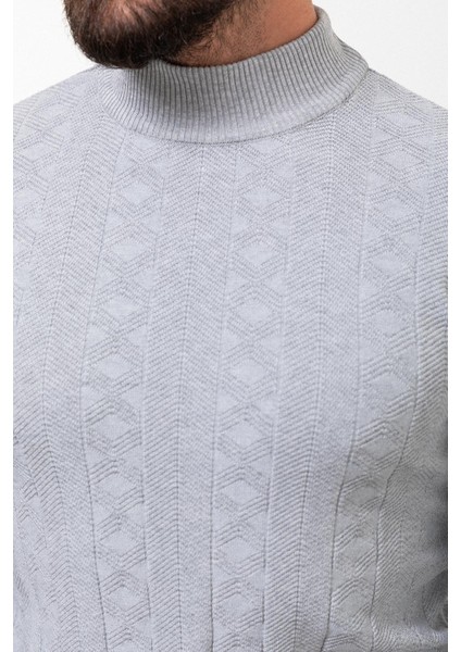Desenli Gri Slim Fit Yarım Balıkçı Yaka Yün Erkek Triko Kazak fiyatları