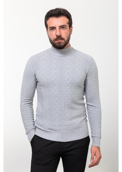 Desenli Gri Slim Fit Yarım Balıkçı Yaka Yün Erkek Triko Kazak
