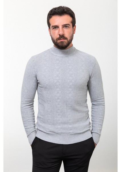 Desenli Gri Slim Fit Yarım Balıkçı Yaka Yün Erkek Triko Kazak