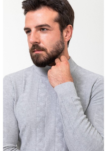 Desenli Gri Slim Fit Yarım Balıkçı Yaka Yün Erkek Triko Kazak
