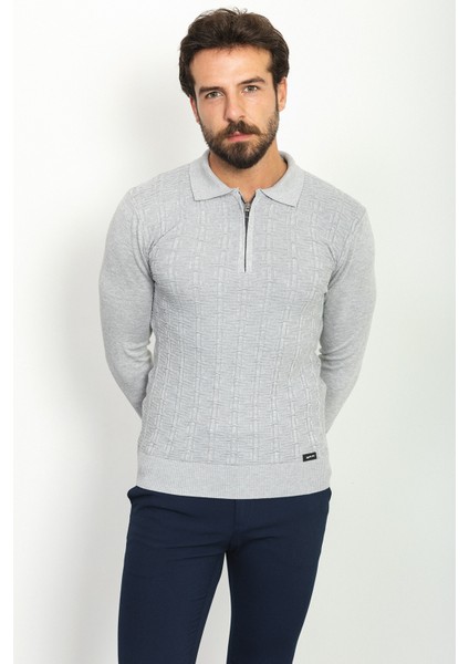 Desenli Gri Renk Slim Fit Polo Yaka Erkek Kazak