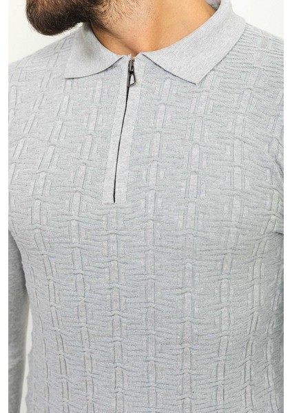 Desenli Gri Renk Slim Fit Polo Yaka Erkek Kazak fiyatları