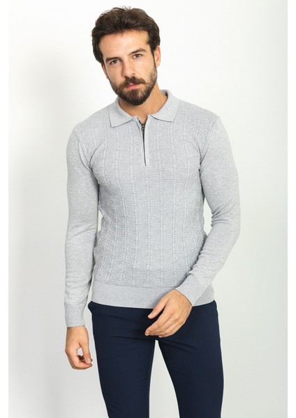 Desenli Gri Renk Slim Fit Polo Yaka Erkek Kazak modelleri