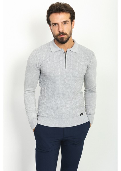 Desenli Gri Renk Slim Fit Polo Yaka Erkek Kazak fırsatları