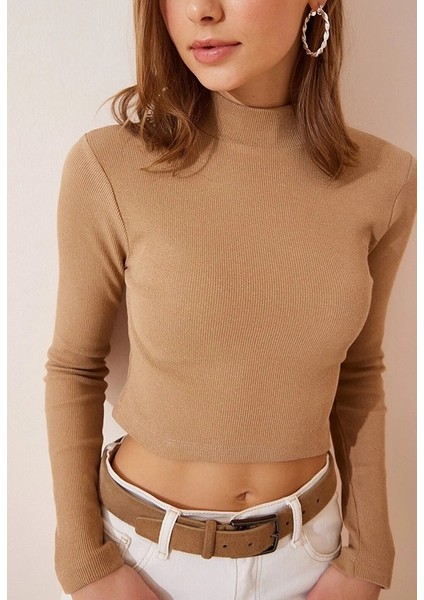 Kadın Balıkçı Yaka Uzun Kollu Kaşkorse Fitted/slim Crop Bluz
