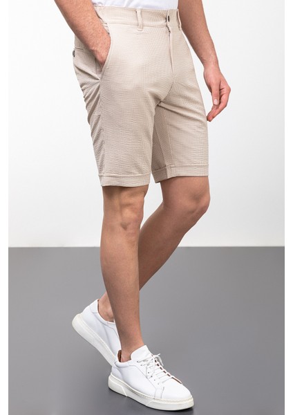 Desenli Bej Rengi Super Slim Fit Erkek Şort
