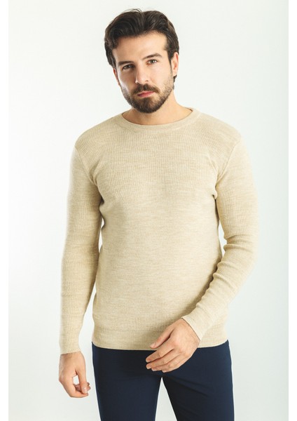 Düz Bej Slim Fit Bisiklet Yaka Yün Erkek Triko Kazak