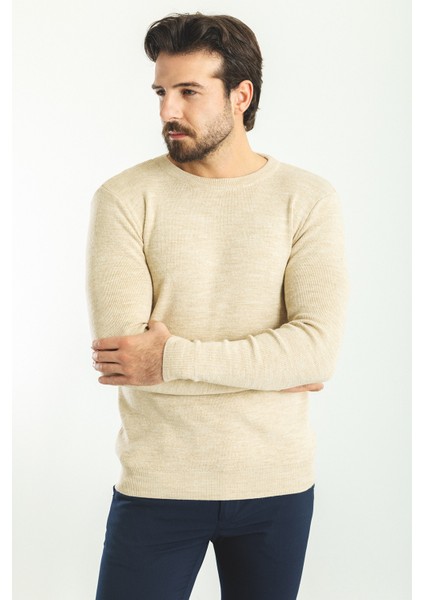 Düz Bej Slim Fit Bisiklet Yaka Yün Erkek Triko Kazak