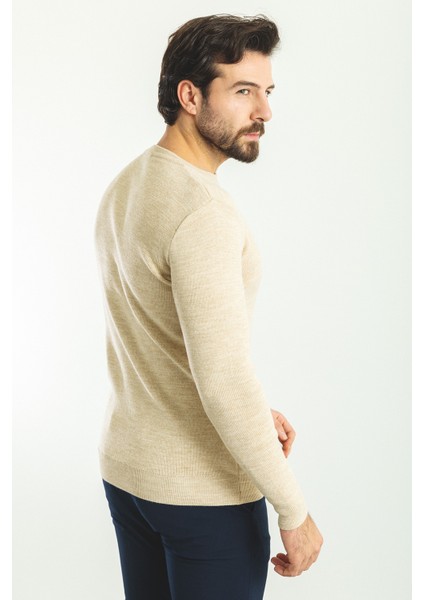 Düz Bej Slim Fit Bisiklet Yaka Yün Erkek Triko Kazak
