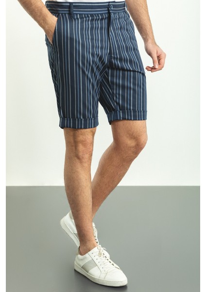 Çizgili Lacivert Renk Super Slim Fit Erkek Şort
