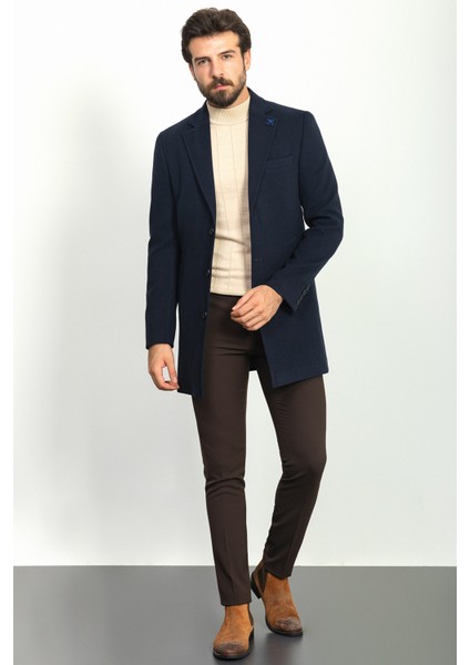 Düz Lacivert Renk Slim Fit Mono Yaka Klasik Yün Erkek Kaban modelleri