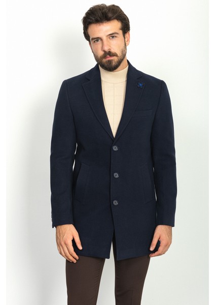 Düz Lacivert Renk Slim Fit Mono Yaka Klasik Yün Erkek Kaban fırsatları