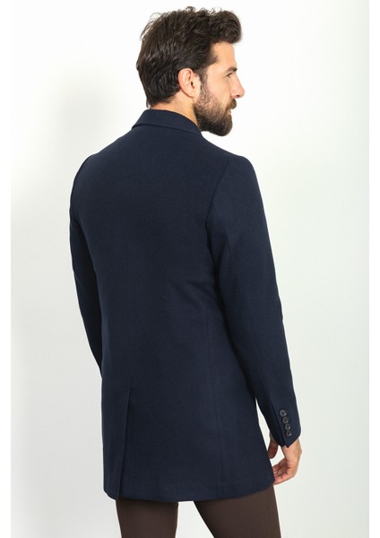 Düz Lacivert Renk Slim Fit Mono Yaka Klasik Yün Erkek Kaban indirimleri