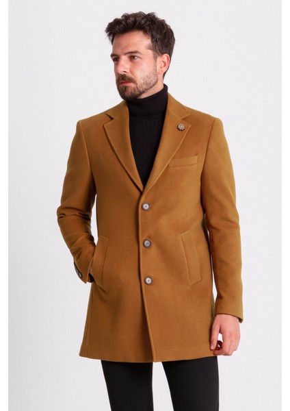 Düz Kamel Rengi Slim Fit Mono Yaka Klasik Yün Erkek Kaban