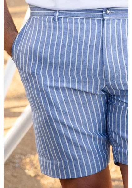 Çizgili Saks Rengi Super Slim Fit Keten Erkek Şort fiyatları