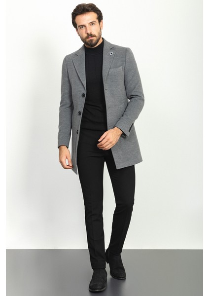 Düz Gri Renk Slim Fit Mono Yaka Klasik Yün Erkek Kaban
