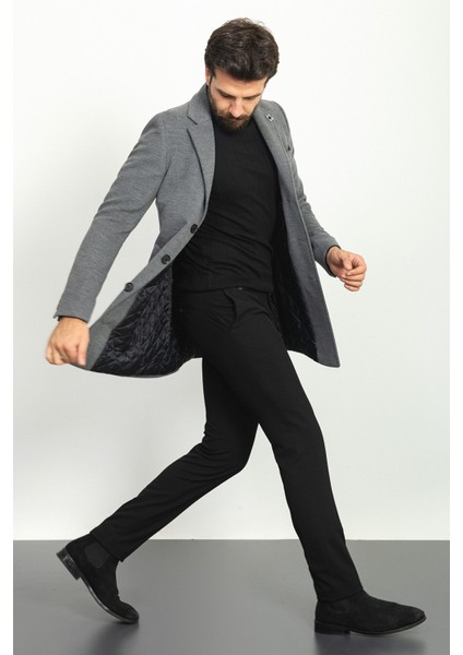 Düz Gri Renk Slim Fit Mono Yaka Klasik Yün Erkek Kaban modelleri