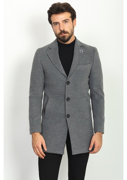 Düz Gri Renk Slim Fit Mono Yaka Klasik Yün Erkek Kaban fırsatları